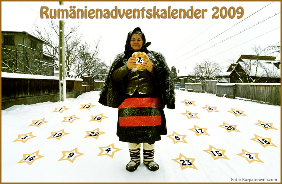 Titelbild des Rumänienadventskalenders 2009 mit einer Frau auf einer Dorfstraße