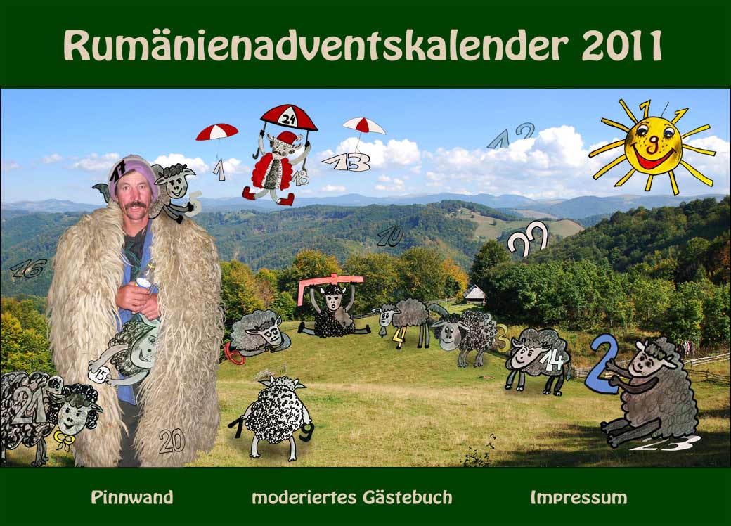 Titelbild des Rumänienadventskalenders 2011. Berglandschaft mit einem Hirten im Vordergrund