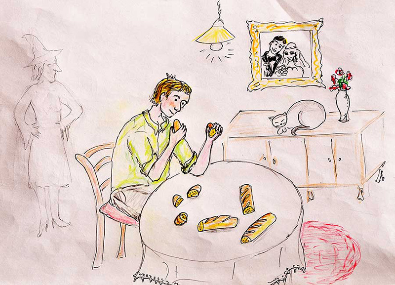 gemaltes Bild eines Mannes welcher alle Brotkanten isst