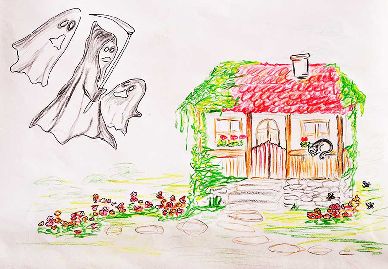 gemaltes Bild von Gespenstern vor einem Haus
