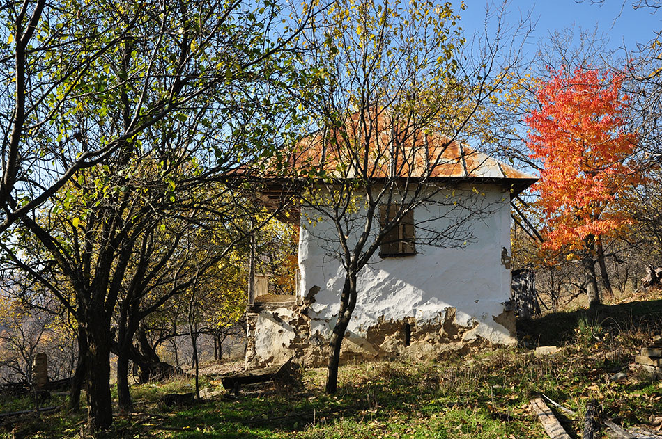 altes weisgetünchtes Haus mit kleinen Öffnungen an der Seite und Bäumen davor
