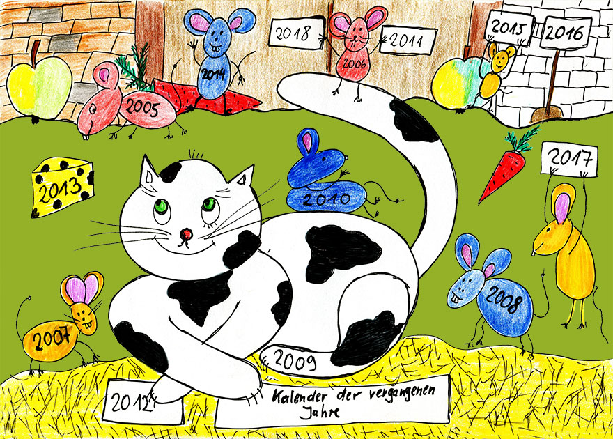 gemaltes Bild einer Katze im Vordergrund mit vielen Mäusen ringsherum und Käse. Überall im ganzen Bild sind Zahlen von 2005 bis 2018 als Links für die vergangenen Kalender verteilt