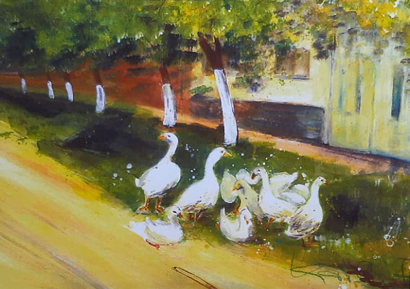 gemaltes Bild von Gänsen am Rande einer Dorfstraße