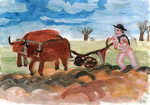 gemalter Bauer mit Pflug arbeite auf einem Feld