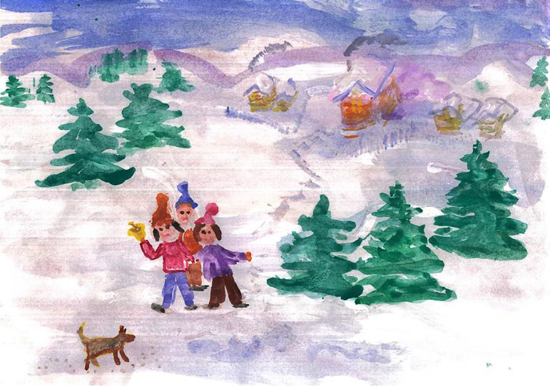 gemalte Kinder in Winterlandschaft