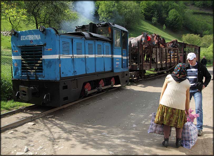 Zug steht in einem Dorf