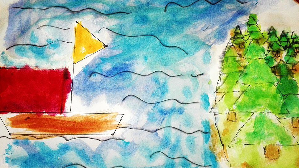 gemaltes Bild eines Schiffes im Wasser mit Land und Wald