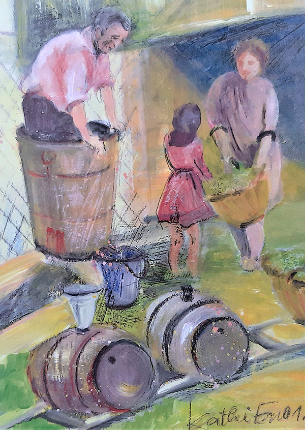 gemaltes Bild eines Mannes, welcher stampfend in einerm Fass steht und daneben tragen eine Frau und ein Mädchen einen Korbvoller Weintrauben