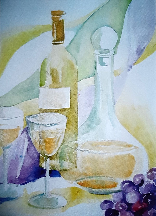 gemaltes Bild einer Weinflasche mit einer Karaffe neben Weintrauben und Weingläsern