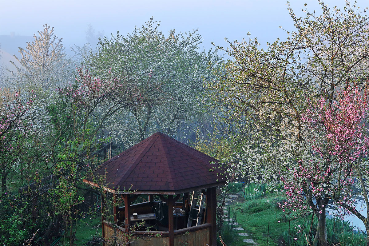 Schutzhütte im blühenden Garten