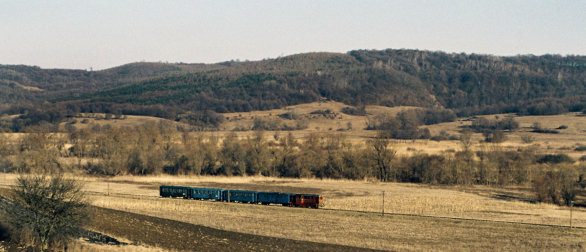 Zug fährt durch Hügellandschaft