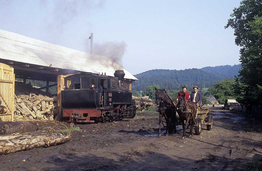 Pferdegespann neben einer Dampflok