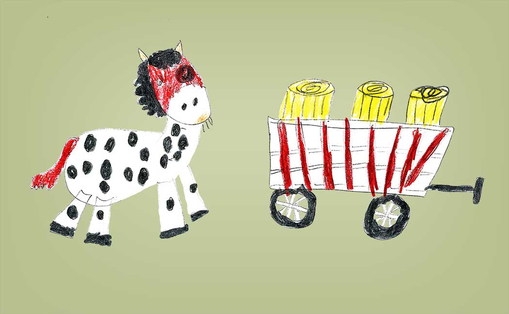 gemaltes Bild eines Pferdes neben einem Wagen