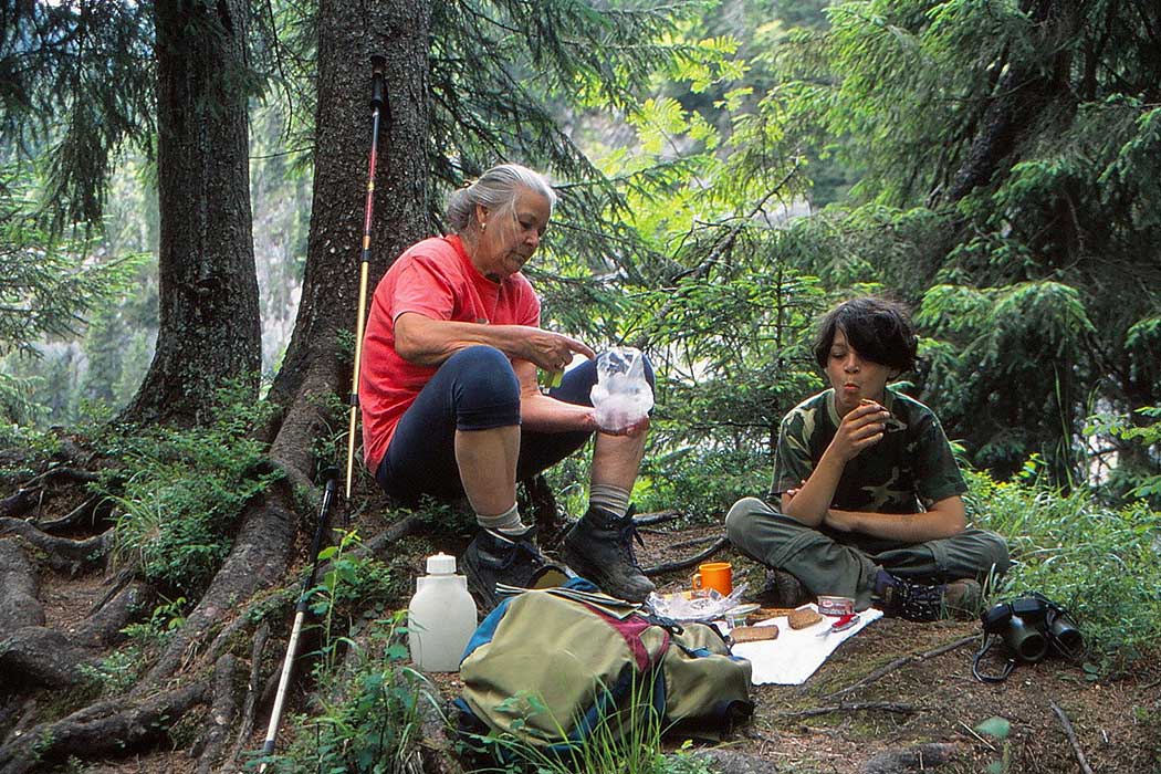 Menschen sitzen auf Wurzeln und essen